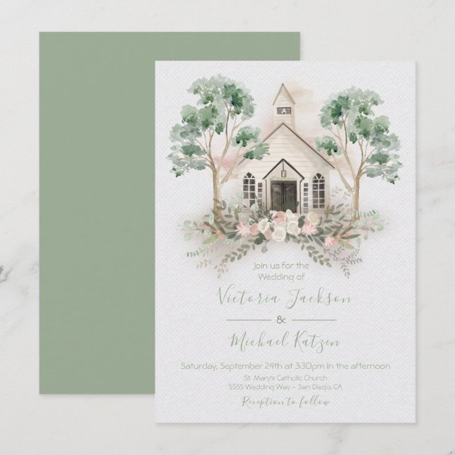 White Chapel in the Eucalyptus Wedding invitations (Devant / Derrière)
