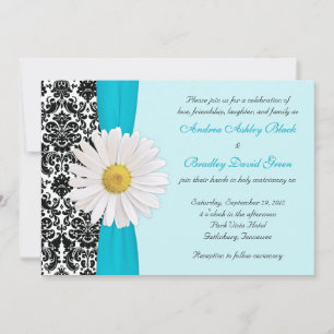 White Daisy Blue Black Mariage damassé Invitation