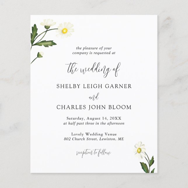 White Daisy Floral Rustic Budget Mariage Invitatio (Devant)