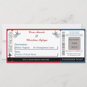 White Doves Red B Boarding Pass Faire-part de mari