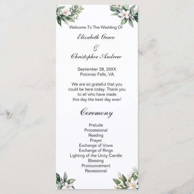 White Floral Greenery Programme de mariage traditi (Devant)