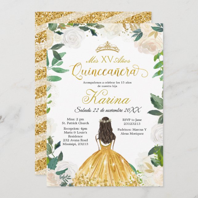 White Floral Mexicain Gold Quinceanera Invitation (Devant / Derrière)