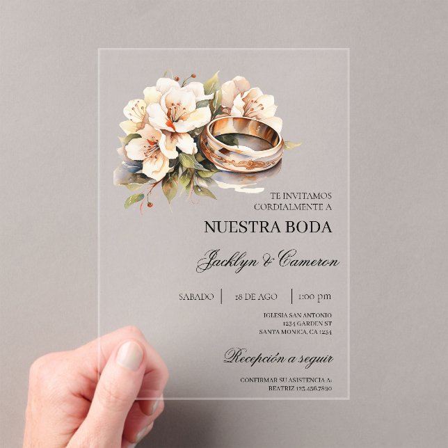 White Floral with ring Spanish Wedding Invitation (In situ (ordinateur de poche))