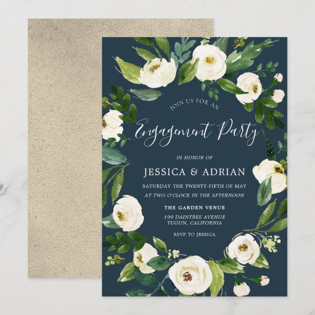 White Floral Wreath Modern Engagement Invitation (Devant / Derrière)