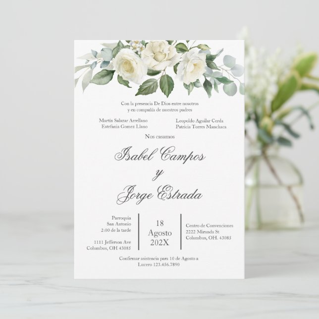 White flower Greenery Wedding Invitation (Debout devant)