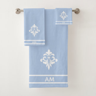 White Flower, Monogram and Stripes on Light Blue