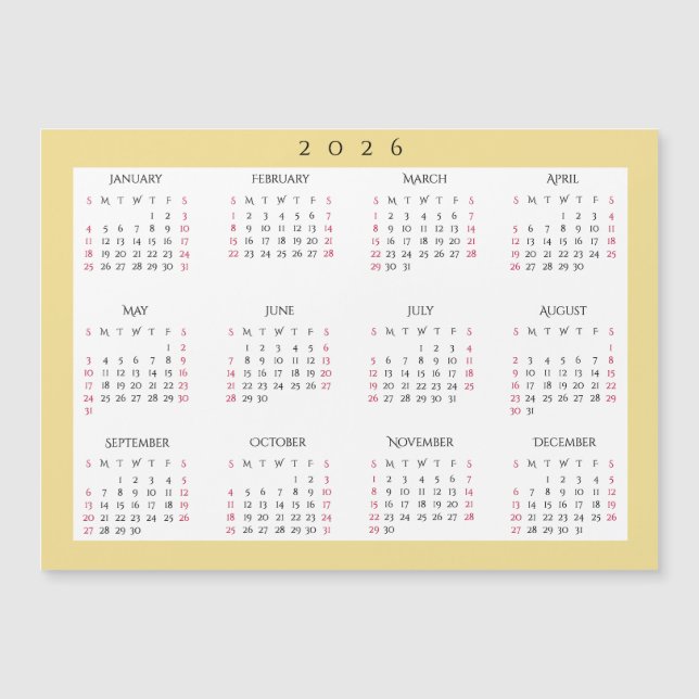 White Gold 2026 Yearly Full Year Calendar Magnet (Devant)