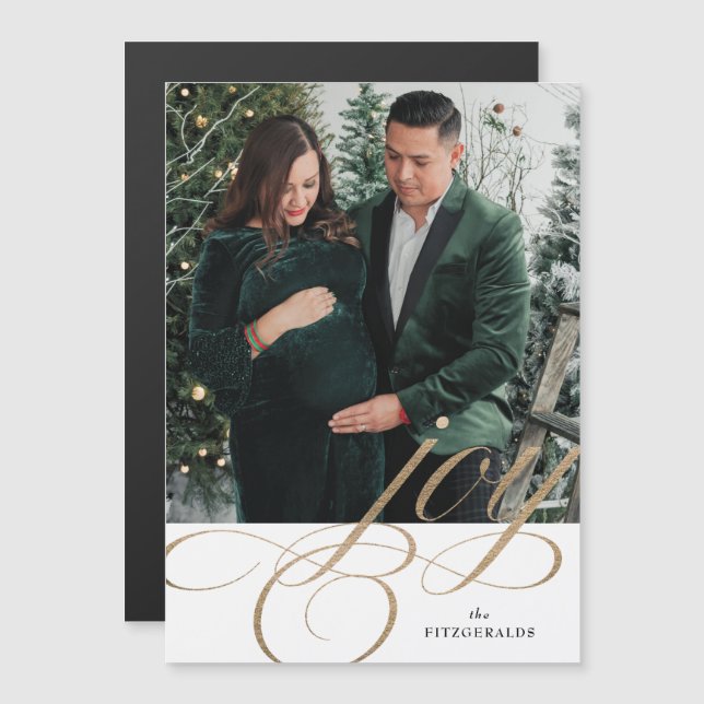 White & Gold Festive Flourish Joy Holiday Magnet (Devant / Derrière)