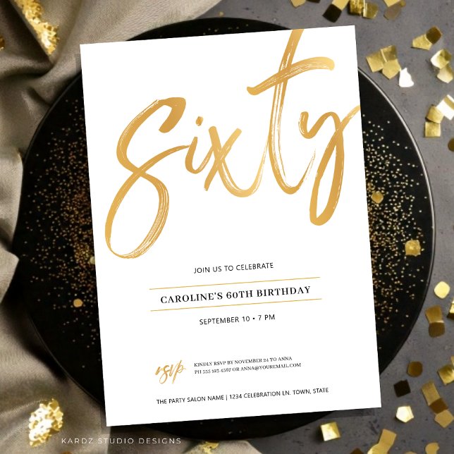 White Gold Script Soixante Anniversaire Invitation (Sixty Birthday invitation shown in a flat 5x7 card.)