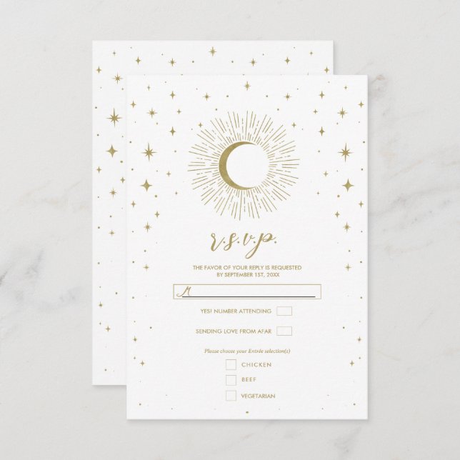 White & Gold Stars Celestial Sunburst Moon RSVP (Devant / Derrière)