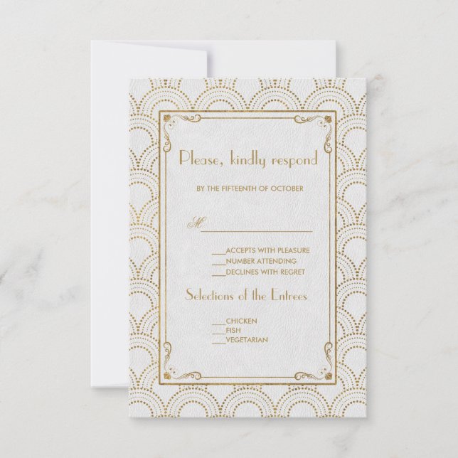 White Great Gatsby Art Déco Gold Wedding RSVP (Devant)
