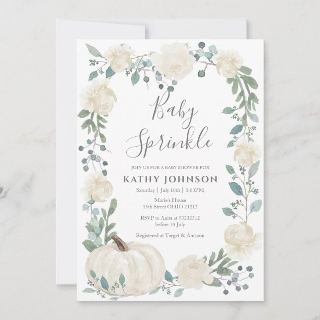 White Green Citrouille Baby Sprinkle Invitation (Devant)