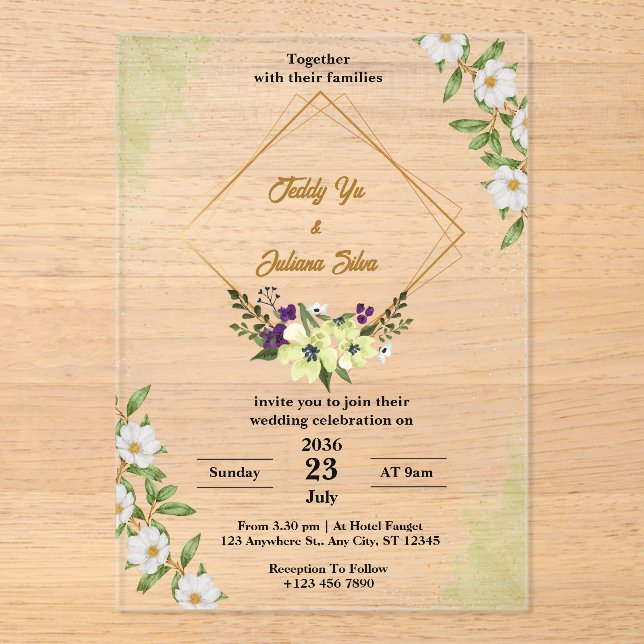 White Green Floral Acrylique Mariage Invitations (Recto)