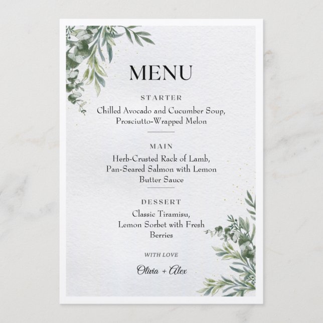 White & Green Watercolor Leaves Wedding Menu (Devant)