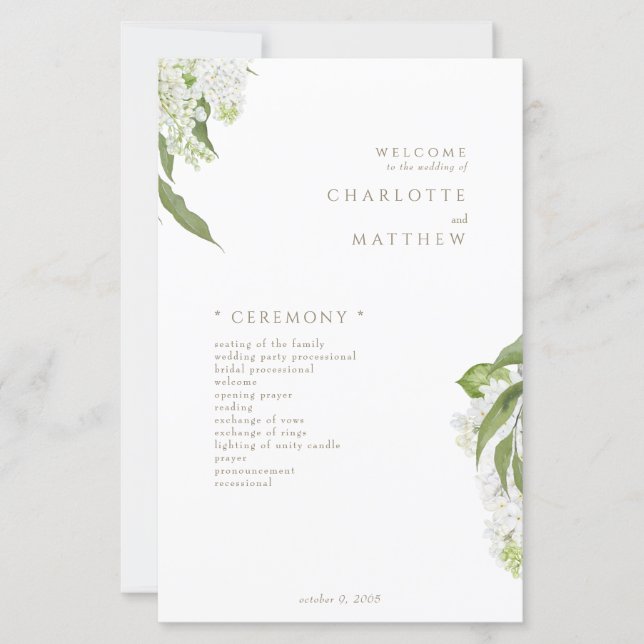 White Hydrangea Gold Text Wedding Programme (Devant)