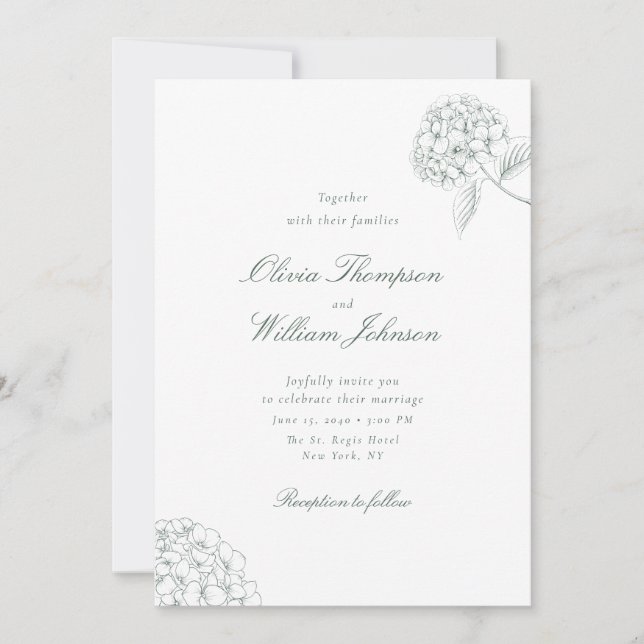 White Hydrangea Green Wedding Invitation (Devant)