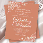 White Lace on Terracotta BUDGET Wedding Invitation<br><div class="desc">These affordable, budget friendly wedding invitations are the perfect choice for class, style, and beauty on a budget. The design features white floral lace frills in the corners on a terracotta orange, or dusty coral peach colored background. The typography includes fancy script lettering for a style that is at once...</div>