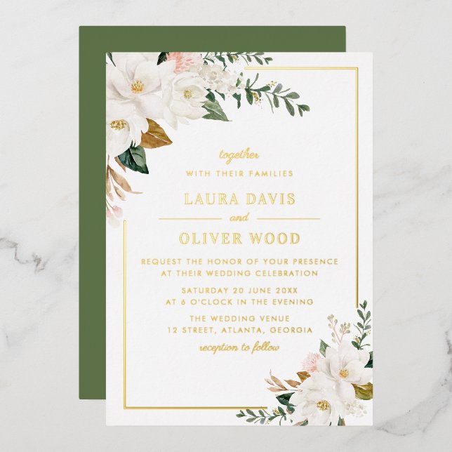 White magnolia floral wedding invitation gold (Recto/Verso)