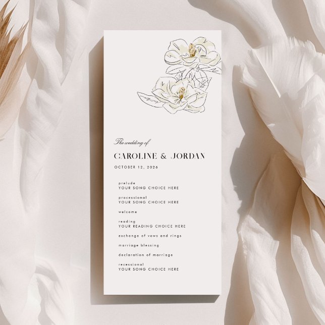 White Magnolia Illustration Modern Programme Maria (Chic white magnolia illustration wedding program.)