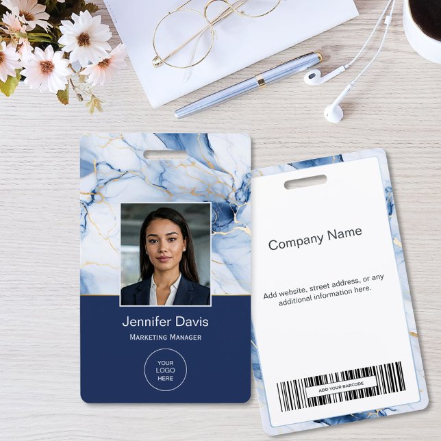 White Marble Navy Blue Gold Custom Name Badge (Créateur téléchargé)