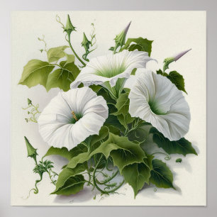 White Morning Glory Flowers Art Print Poster