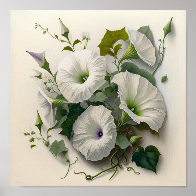 White Morning Glory Flowers Art Print Poster (Devant)