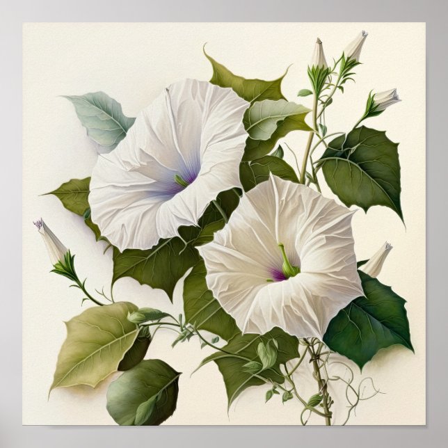 White Morning Glory Flowers Art Print Poster (Devant)