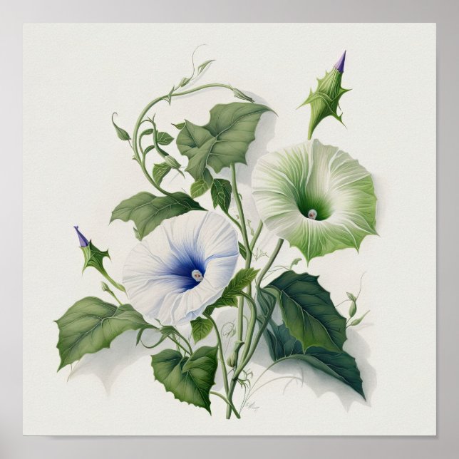 White Morning Glory Flowers Art Print Poster (Devant)