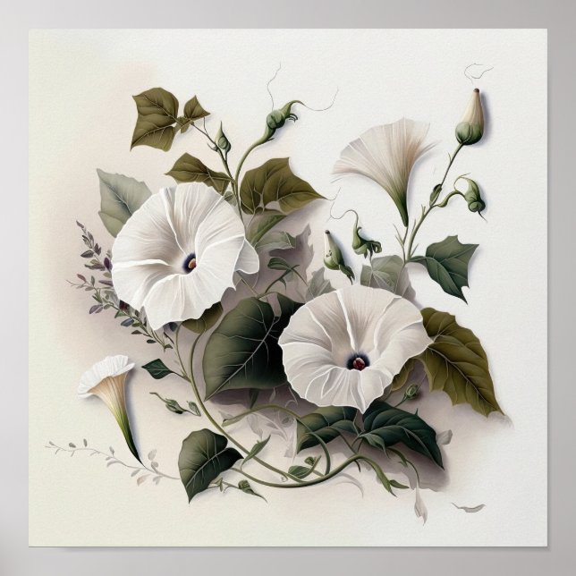 White Morning Glory Flowers Art Print Poster (Devant)