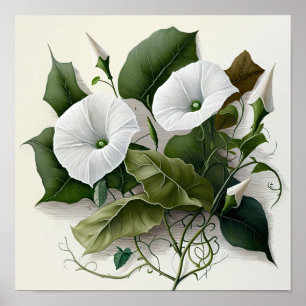 White Morning Glory Flowers Art Print Poster