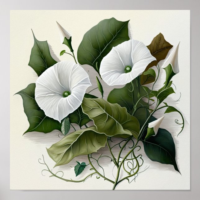 White Morning Glory Flowers Art Print Poster (Devant)