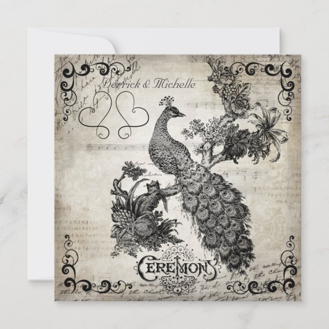 White Musical Notes Faire-part de mariage Peacock (Devant)