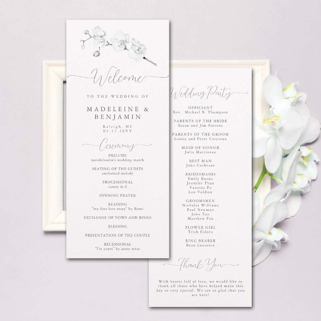 White Orchid Simple Élégant Programme de mariage f (wedding ceremony program black white orchid floral art sketch elegant modern classic formal chic)