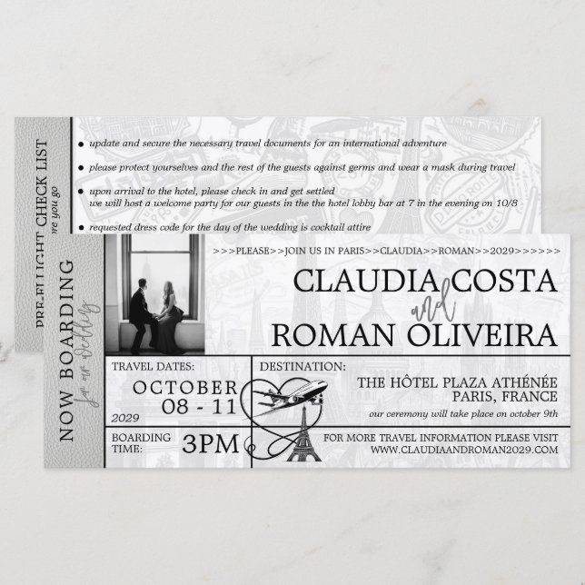 White Paris Mariage Boarding Pass Invitation (Devant / Derrière)