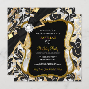 White Pearl Gold Bow Black Damask Invitation d'ann