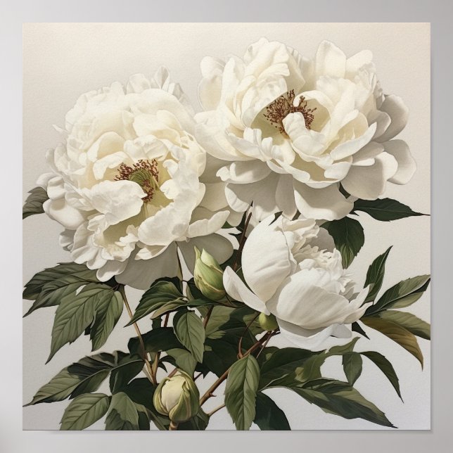 White Peonies Flower Art Imprimer Poster (Devant)