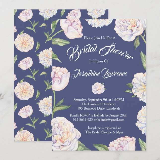 White Peony Floral Blue Douche nuptiale invitation (Devant / Derrière)