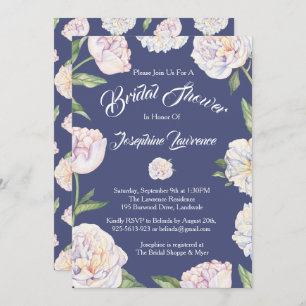 White Peony Floral Blue Douche nuptiale invitation