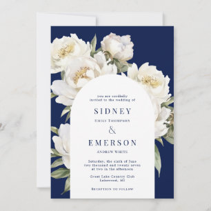White Peony Floral Navy Mariage Arch Invitation