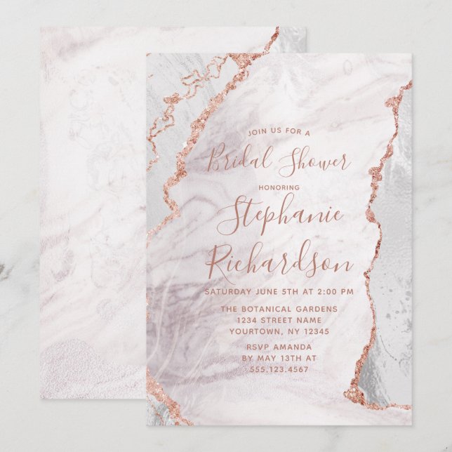 White & Rose Gold Agate Bridal Douche Invitation (Devant / Derrière)