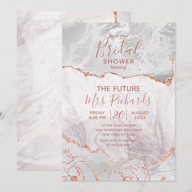 White & Rose Gold Agate Bridal Douche Invitation (Devant / Derrière)