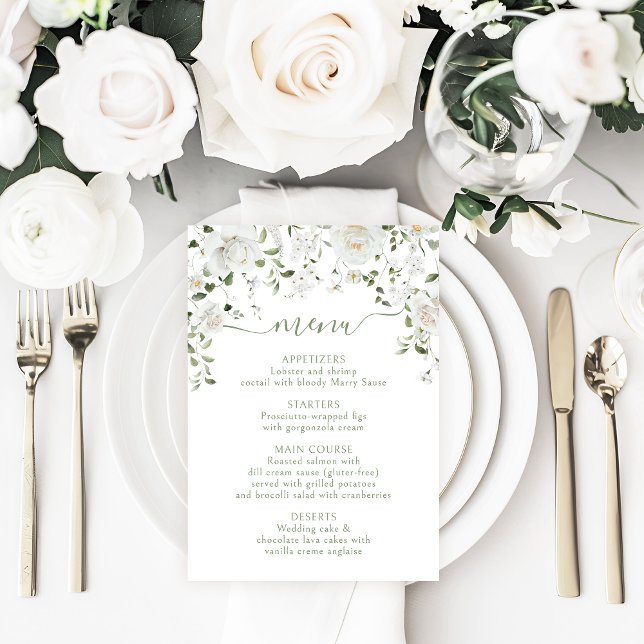 White Rose Peony Flower & Greenery Wedding Menu (Créateur téléchargé)
