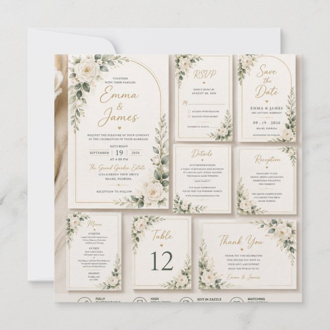   White Rose Sage Green Wedding Invitation (Dos)