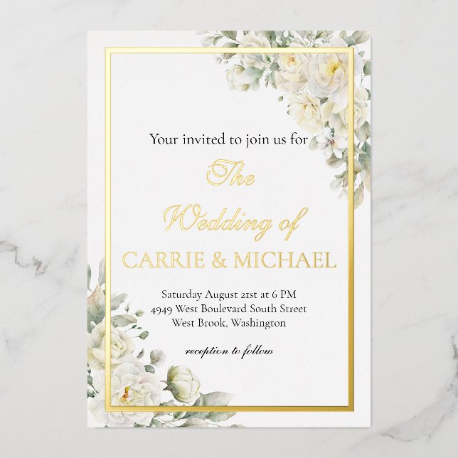 White Roses Foil Wedding Invitation (Recto)