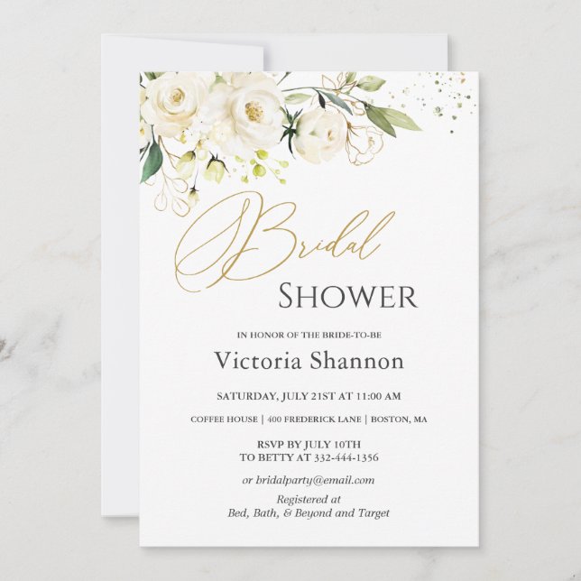 White Roses Foliage Nuptiale Douche Invitation (Devant)