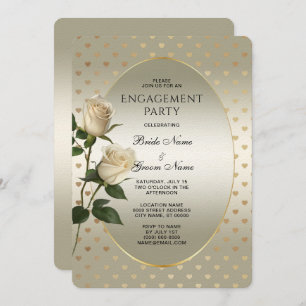 White Roses Gold Hearts Fiançailles Invitation
