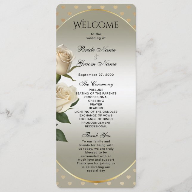 White Roses Gold Hearts Programme de mariage (Devant)