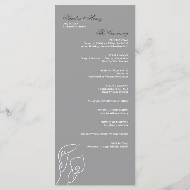 White & Silver Calla Lilies Programme de mariage (Devant)