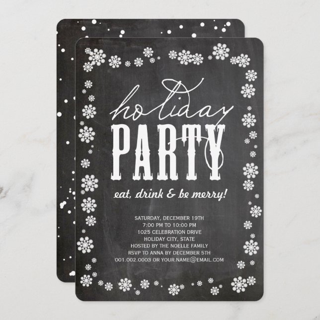 White Snowflakes Chalkboard Fête Invitation (Devant / Derrière)