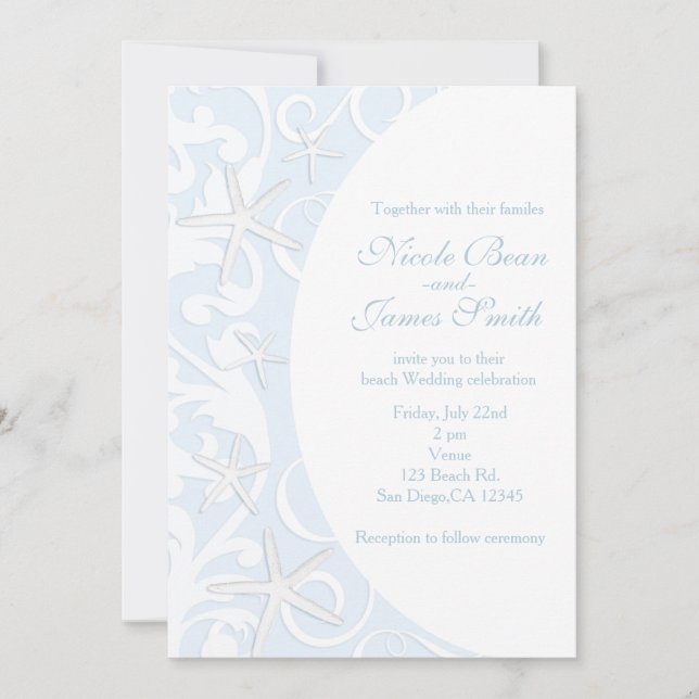 White Starfish Blue Beach Wedding Invitations (Devant)
